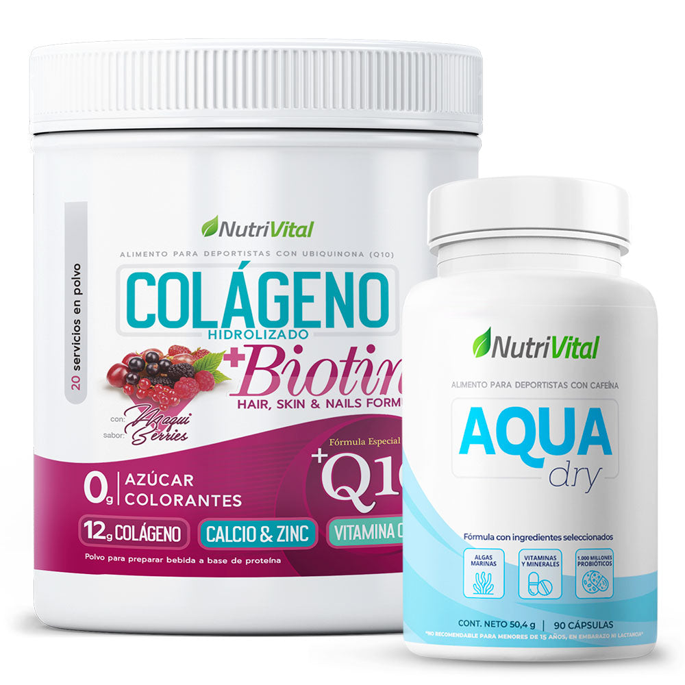 Pack Colágeno Biotina + Q10 300g + Aqua Dry 90 Caps Nutrivital