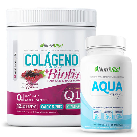 Pack Colágeno Biotina + Q10 300g + Aqua Dry 90 Caps Nutrivital